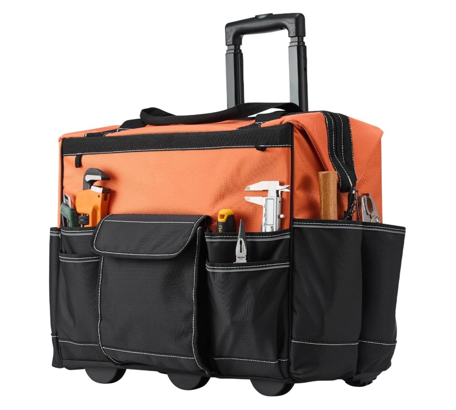 18" Rolling Tool Bag with Wheels – Heavy-Duty Tool Organizer with Telescoping Handle, Stable Base & 110 lbs Load Capacity for Mechanics, Contractors & Electricians