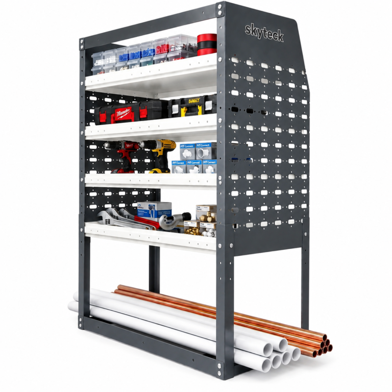 49.6“ Width Half-Leg Van Shelving – Heavy-Duty Steel, Adjustable Height 33.5"–50", 16.5" Deep Shelves – Wheel-Well Compatible Rack for Transit, ProMaster, Express, Savana, Metris